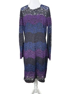 Elie Tahari Lace Dress Size 10 Black Purple Blue Sheath Long Sleeve Cocktail